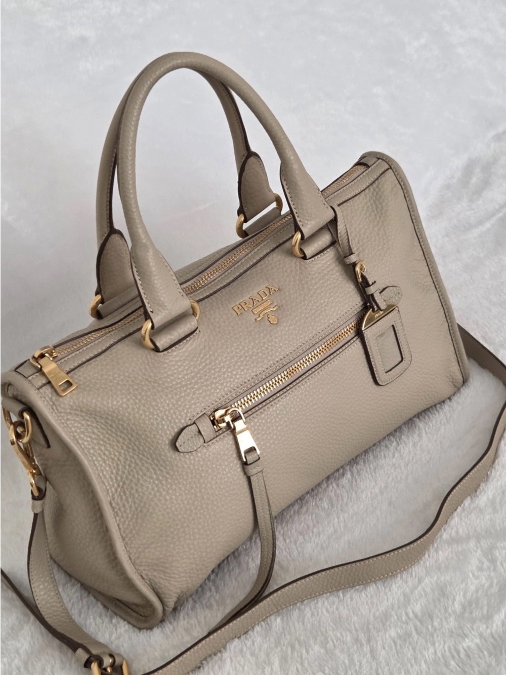 Prada Vitello Phenix Argilla Leather Two-Way Satchel Bag